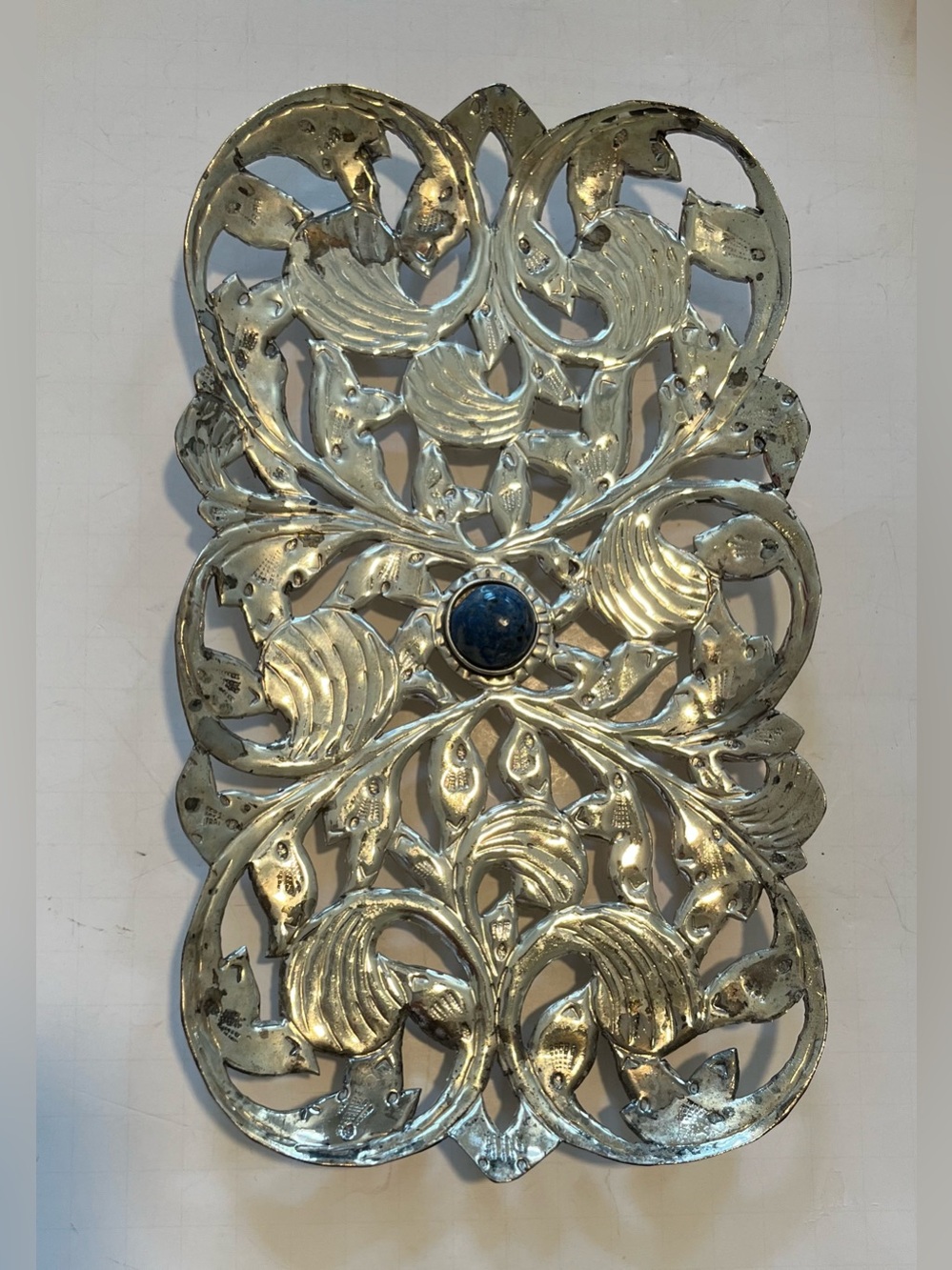 TANEEZ Silver Plated Agate Stone Hammered Tray.  Brass plated with silver